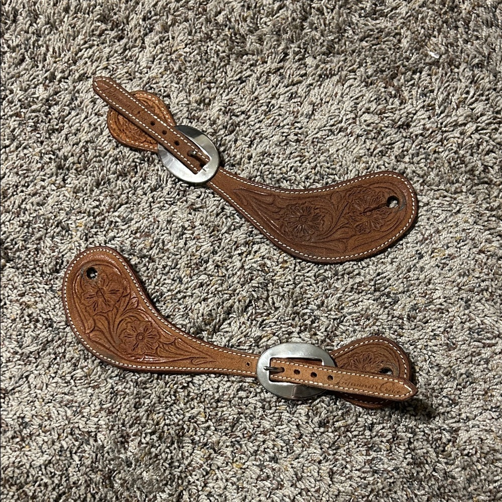 Brown Leather Floral Engraved Spur Straps